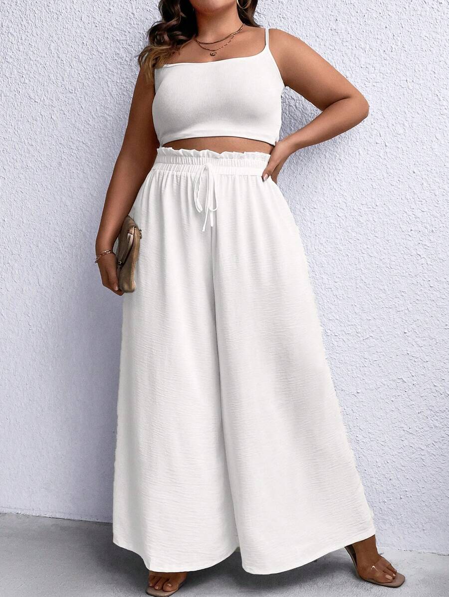 SHEIN LUNE Talla grande Pantalones de pierna ancha de cintura con volante con nudo delantero - Blanco - Ver 1
