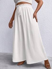 SHEIN LUNE Talla grande Pantalones de pierna ancha de cintura con volante con nudo delantero - Blanco - Ver 3