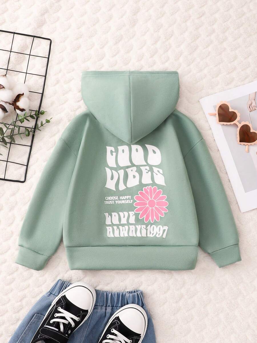 SHEIN Áo nỉ giữ nhiệt lót trong, in họa tiết hoa và khẩu hiệu dành cho bé gái. - màu xanh lá - Xem 1