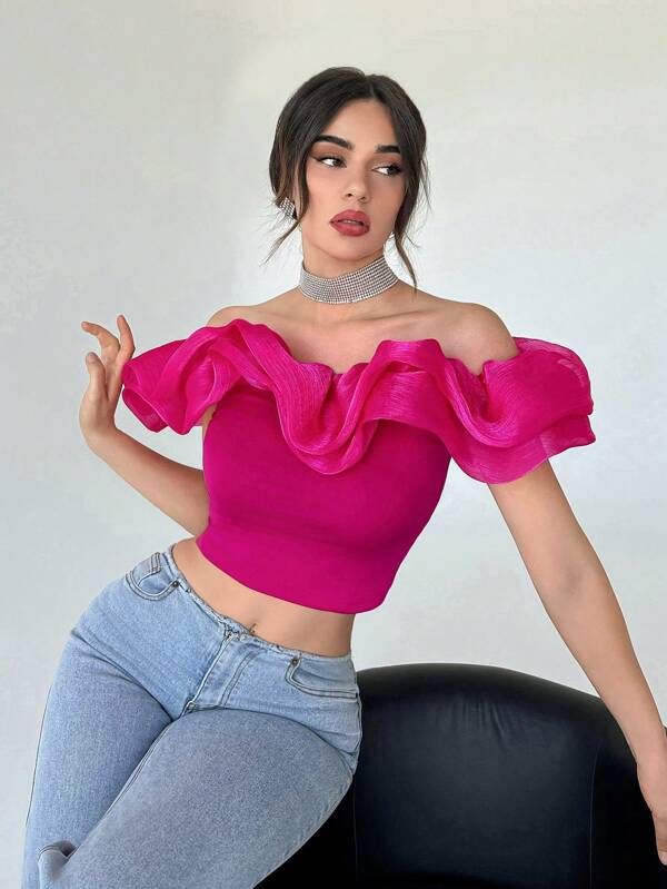 Aloruh Crop Top cu umeri cu volane