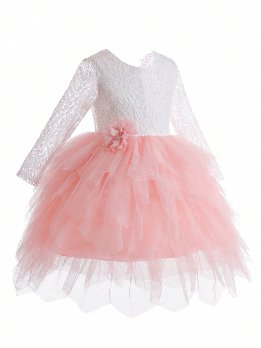 SHEIN Glamorique Kids 女小童蕾絲拼接貼花網紗邊派對禮服 - 粉色 - 查看 1