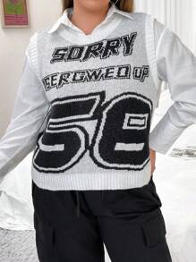 Flirla Talla grande Chaleco de punto con patrón de letra sin camisa