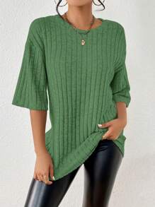 SHEIN Essnce Drop Shoulder Ribbed Knit Tee - Green - View 3