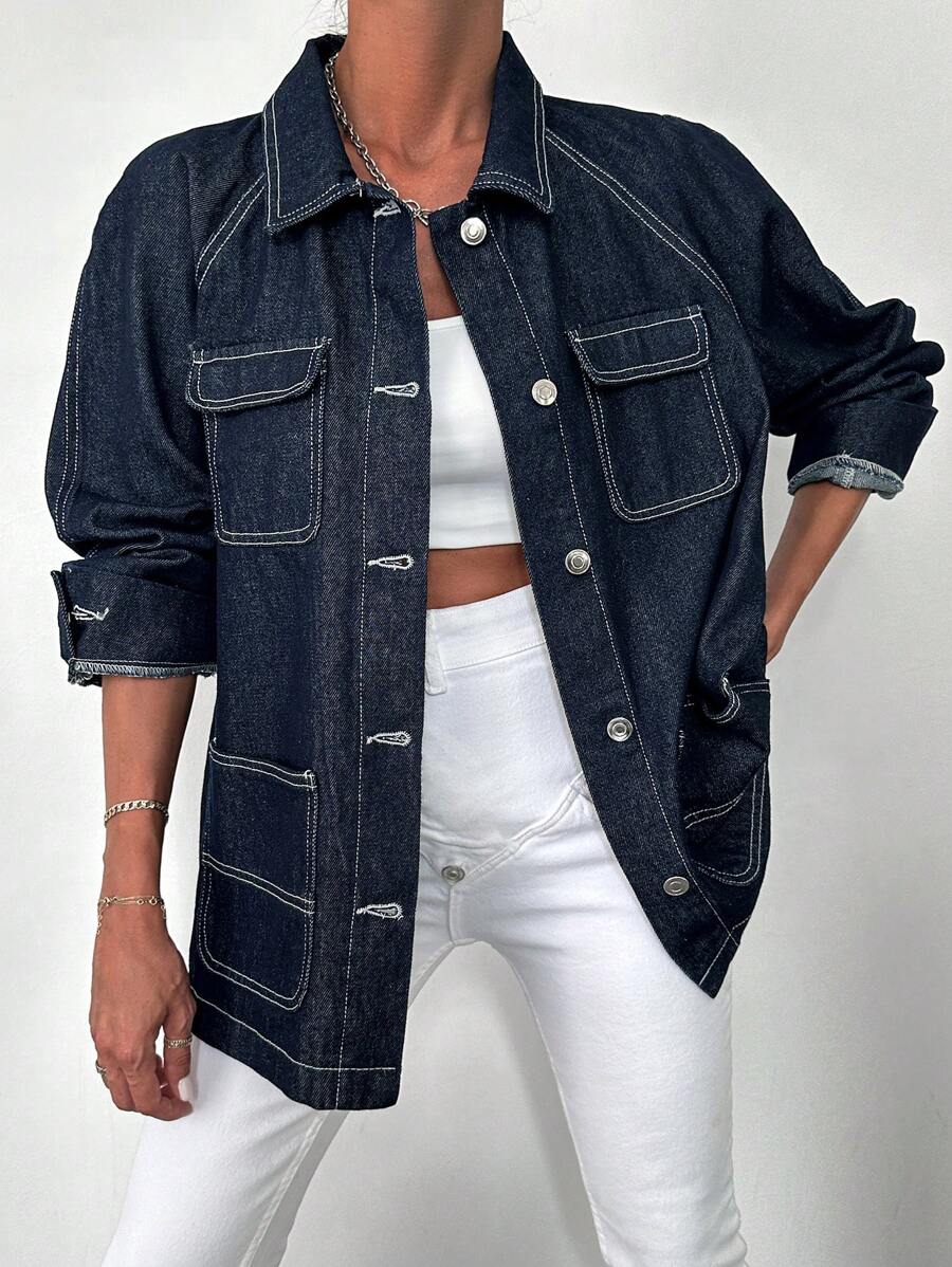 EURMUSE Flap Pocket Raglan Sleeve Denim Jacket - Dark Wash - View 1