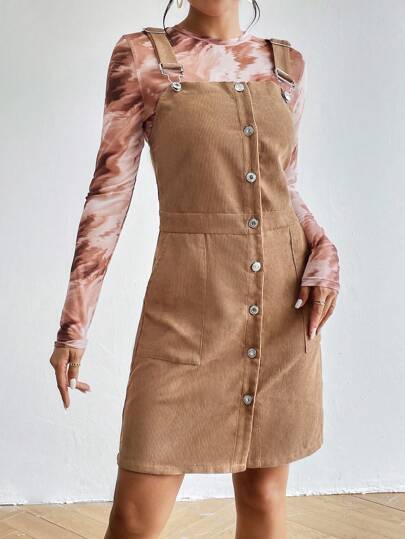 SHEIN Essnce Tie Dye Top & Button Front Overall Dress