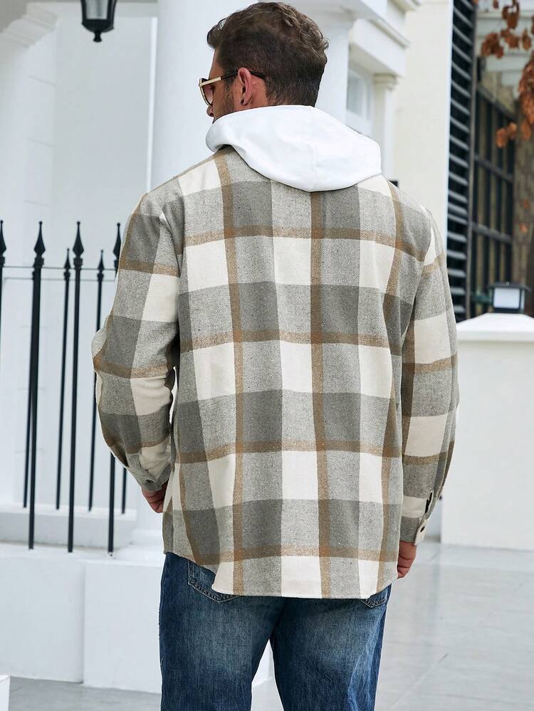 Loose Fit Men's Plus Size Plaid Printed Overcoat With Pocket, No Hood