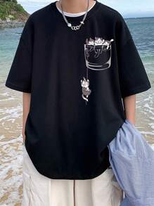 Manfinity Hypemode Áo thun trễ vai họa tiết hoạt hình dáng rộng rãi cho nam - màu đen - Xem 1