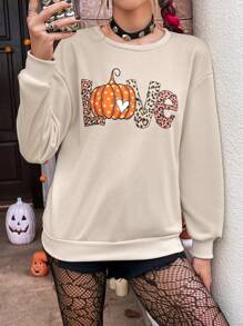 PUNK Sweat-shirt Lettre Et Imprimé Citrouille Épaule tombante