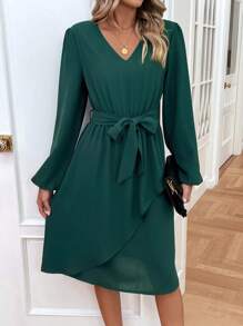 Chiquease Solid Wrap Hem Belted Dress