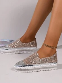 女性金屬亮絲一腳蹬休閒平底鞋帶水鑽裝飾用品和撞色設計 - 金色 - 查看 4