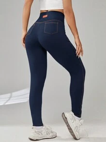 SHEIN Tall CURVE 大码女式拼接细节明线黑色针织宽腰带打底裤 深蓝色打底裤 非牛仔打底裤 带口袋打底裤 女式打底裤