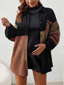 SHEIN Maternity Color Block Drop Shoulder Corduroy Coat - Black - View 5