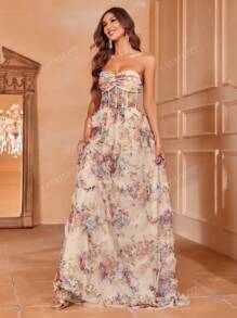 Strapless Floral Maxi Dress With Sweetheart Neckline & Fitted Bodice - Elegant Formal Gown For Spring/Summer Events | Garden Weddings, Evening Galas, Prom Nights, Luxury Dinners Party Dress Wedding Guest Dress