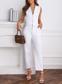 SHEIN Frenchy Dây kéo Thắt lưng Denim Áo liền quần - trắng - Xem 1