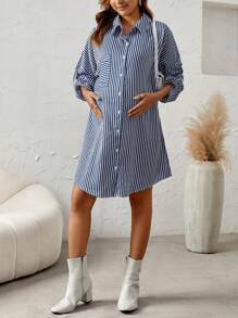 SHEIN 孕婦條紋印花落肩袖襯衫洋裝 - 藍白色 - 查看 6