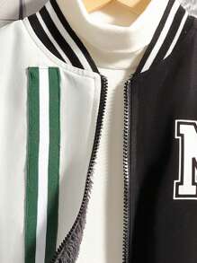 SHEIN Tween Boy 1pc Letter Graphic Two Tone Thermal Lined Striped Trim Varsity Jacket - Multicolor - View 6
