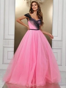 SHEIN Belle Off Shoulder Mesh Formal Dress - Pink - View 4