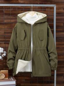 SHEIN Tween Boy 防水面料保暖内衬拉链闭合松紧腰带帽夹克，适合秋冬季 - 軍綠色 - 查看 13