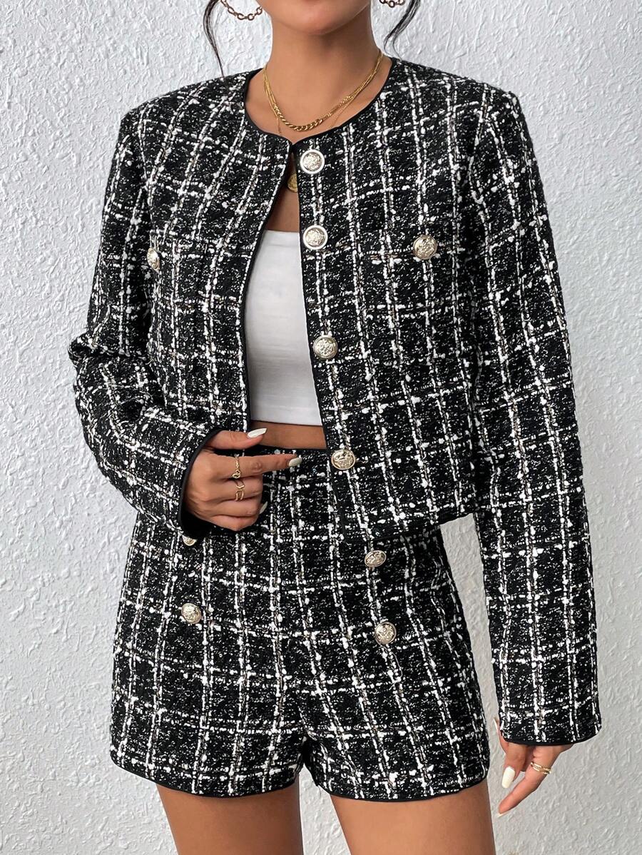 SHEIN Unity Plaid Print Button Front Jacket & Shorts - Black - View 1