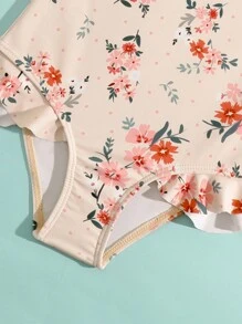 Toddler Girls Floral Print Ruffle Trim One Piece Swimsuit - Baby Pink - View 4