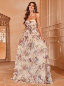 Strapless Floral Maxi Dress With Sweetheart Neckline & Fitted Bodice - Elegant Formal Gown For Spring/Summer Events | Garden Weddings, Evening Galas, Prom Nights, Luxury Dinners Party Dress Wedding Guest Dress