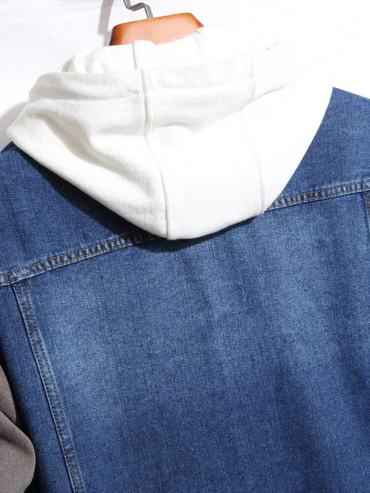 Loose Fit Men's Color Block Ripped Denim Jacket With Flap Pockets (No Hood)