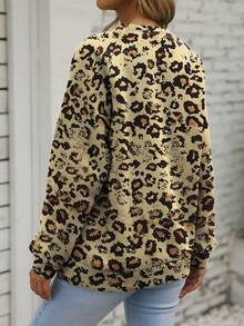 豹紋 & 標語圖案落肩套頭衫 - 卡其色 - 查看 2