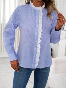 SHEIN Clasi In sọc Viền Ruffle Nút phía trước Áo sơ mi - Màu xanh lam - Xem 5