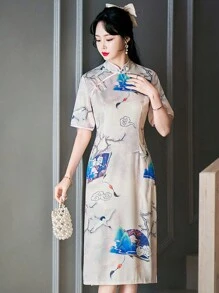 時尚中式復古旗袍長裙 - 杏色 - 查看 4