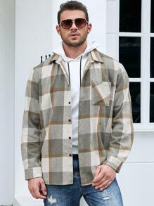 Manfinity Homme Loose Fit Men's Plus Size Plaid Printed Overcoat With Pocket, No Hood - Multicolor - View 3