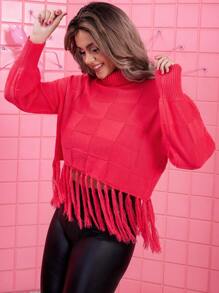 Calvaya Plus Turtleneck Fringe Hem Drop Shoulder Sweater Knit Pullover Fall Winter Sweater - Hot Pink - View 5
