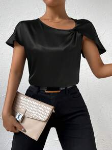 Solid Asymmetrical Neck Blouse - Black - View 3