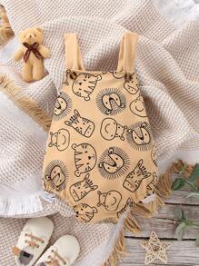 男婴夏季休闲卡通图案连体衣，带背带 - 杏色 - 查看 1