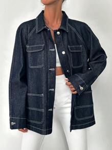 EURMUSE Flap Pocket Raglan Sleeve Denim Jacket - Dark Wash - View 5