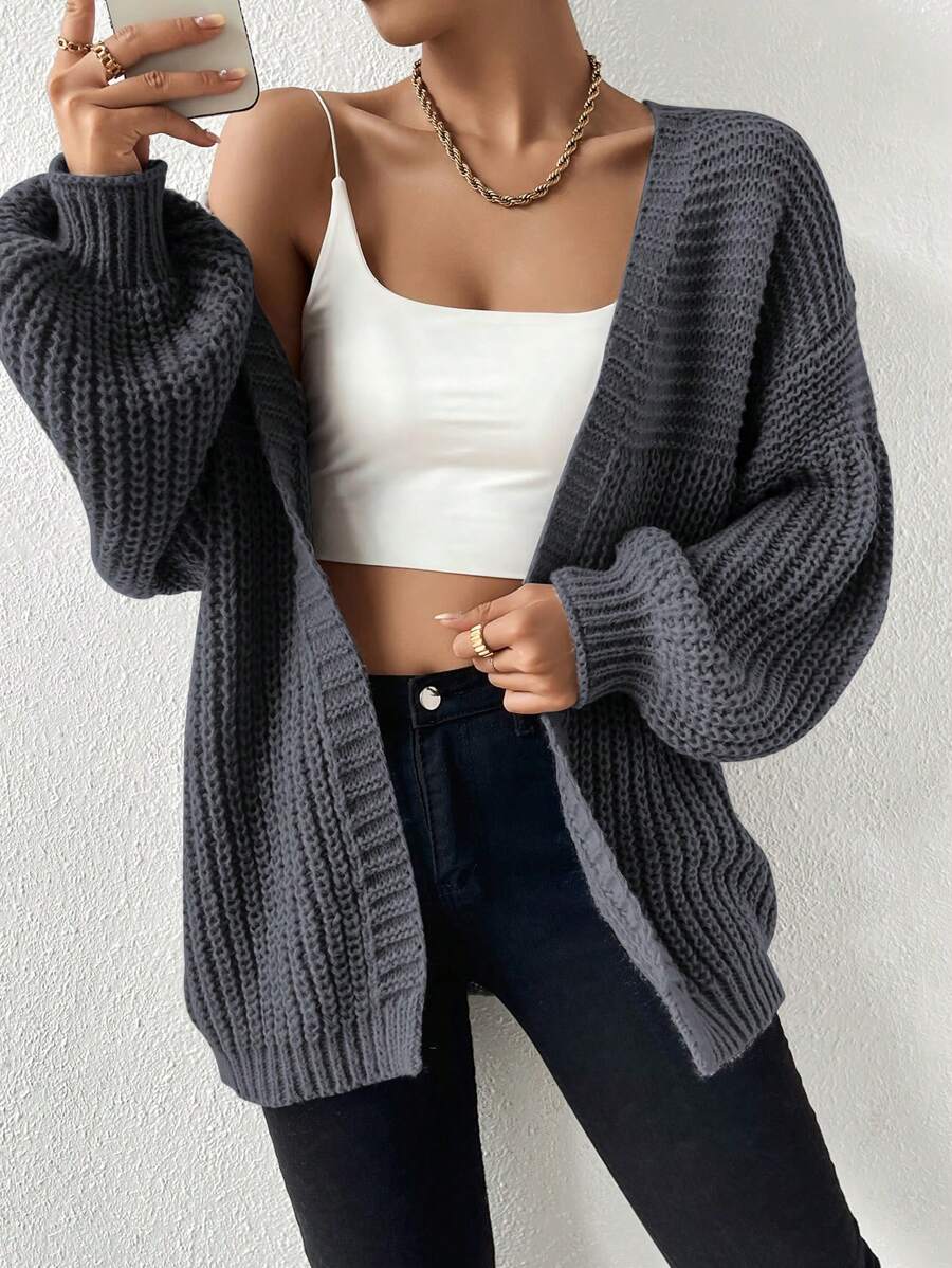 EMERY ROSE Drop Shoulder Casual Design Cardigan,Long Sleeve Tops Fall Winter Cloth For Women - Grey - View 1