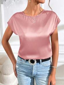 SHEIN Privé 水鑽鏈條扭結露背蝙蝠袖緞面襯衫 - 粉色 - 查看 4