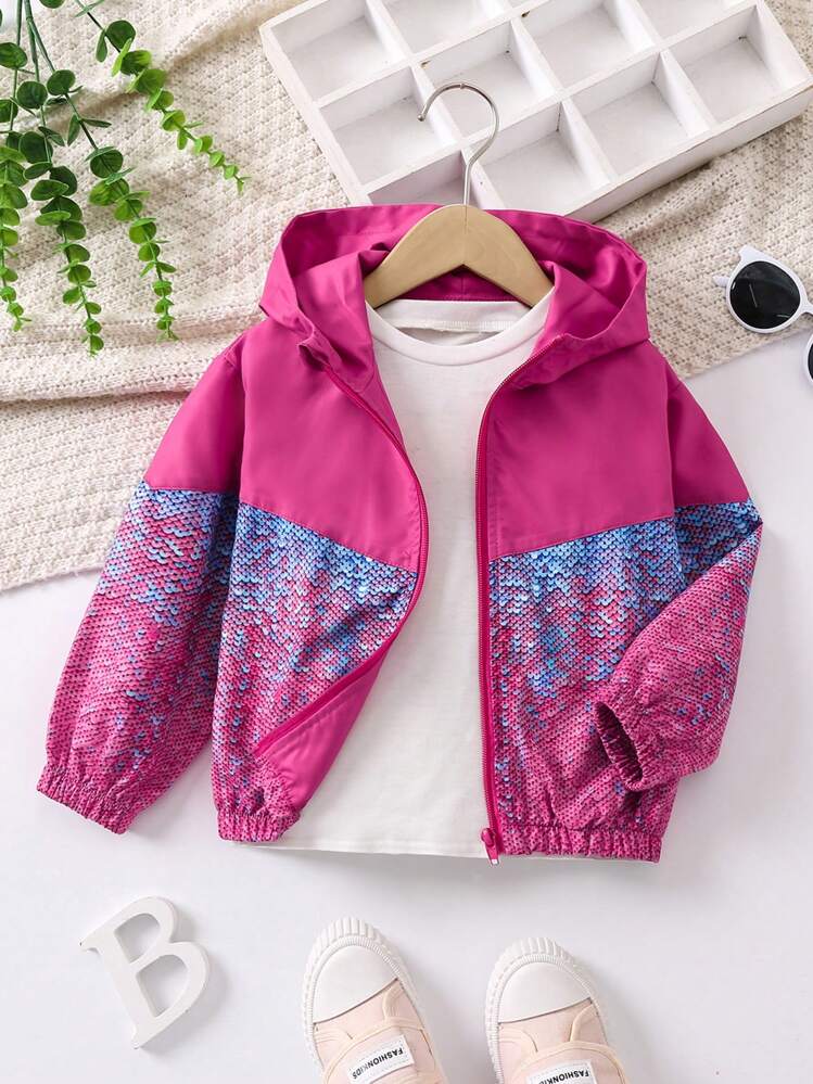 SHEIN Chica Joven Cazadora con estampado de escamas de pescado con cremallera con capucha - Rosa Fucsia - Añade 5