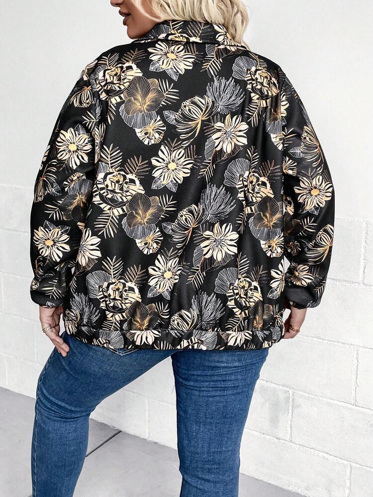 Plus Floral Print Button Front Coat