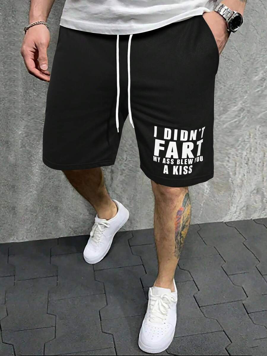 Manfinity Hypemode Men's Loose Fit Slogan Graphic Shorts With Drawstring Waist - Black - View 1