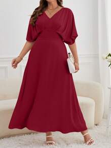 SHEIN Privé Plus Solid Batwing Sleeve A-line Dress - Red - View 1
