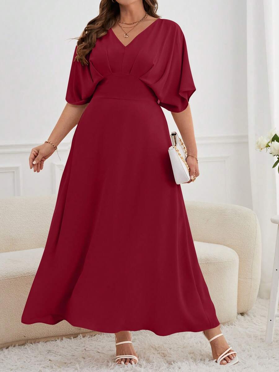 SHEIN Privé Plus Solid Batwing Sleeve A-line Dress - Red - View 1