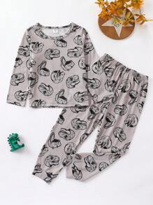 Young Boy Dinosaur Print PJ Set - Grey - View 1