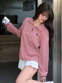 DAZY Embroidery Drop Shoulder Polo Neck Sweatshirt,Long Sleeve Tops,Fall Clothes - Pink - View 4