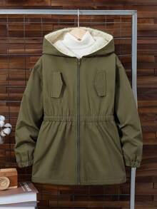 SHEIN Tween Boy 防水面料保暖内衬拉链闭合松紧腰带帽夹克，适合秋冬季 - 軍綠色 - 查看 4