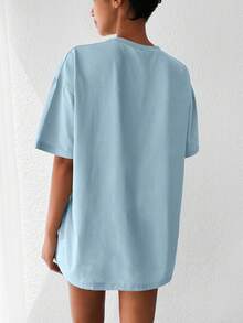 Cottnline Coconut Tree Embroidery Drop Shoulder Tee - Blue - View 2