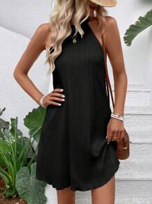 SHEIN VCAY 素色後鎖孔掛脖洋裝 - 黑色 - 查看 1