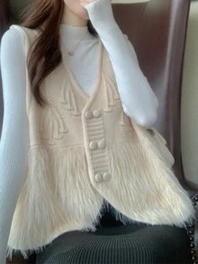 Solid Button Front Fluffy Knit Sweater Vest - Apricot - View 3