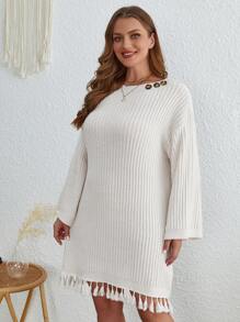 SHEIN VCAY Plus Button Detail Tassel Hem Drop Shoulder Sweater Dress - Beige - View 4