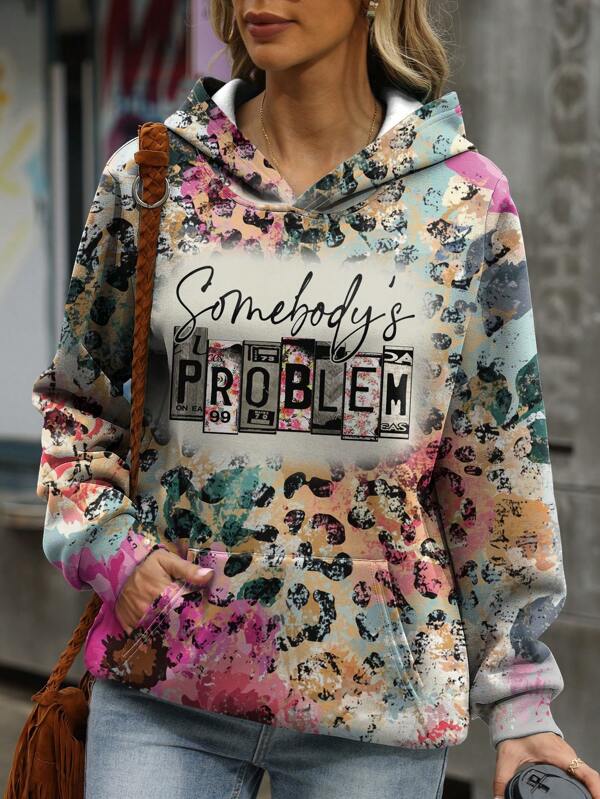 Leopard & Letter Graphic Kangaroo Pocket Hoodie,Long Sleeve Tops