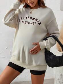 SHEIN Thai sản Đồ họa Chữ cái Thả vai Áo nỉ - Màu Khaki - Xem 5